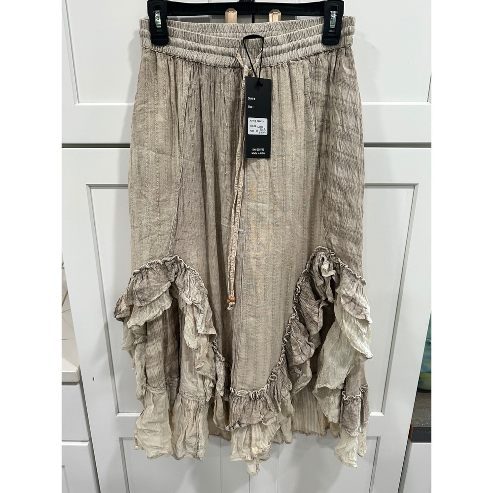 Young Threads Latte Beige Ruffle Midi Skirt Boho Textured Viscose SK44136  M